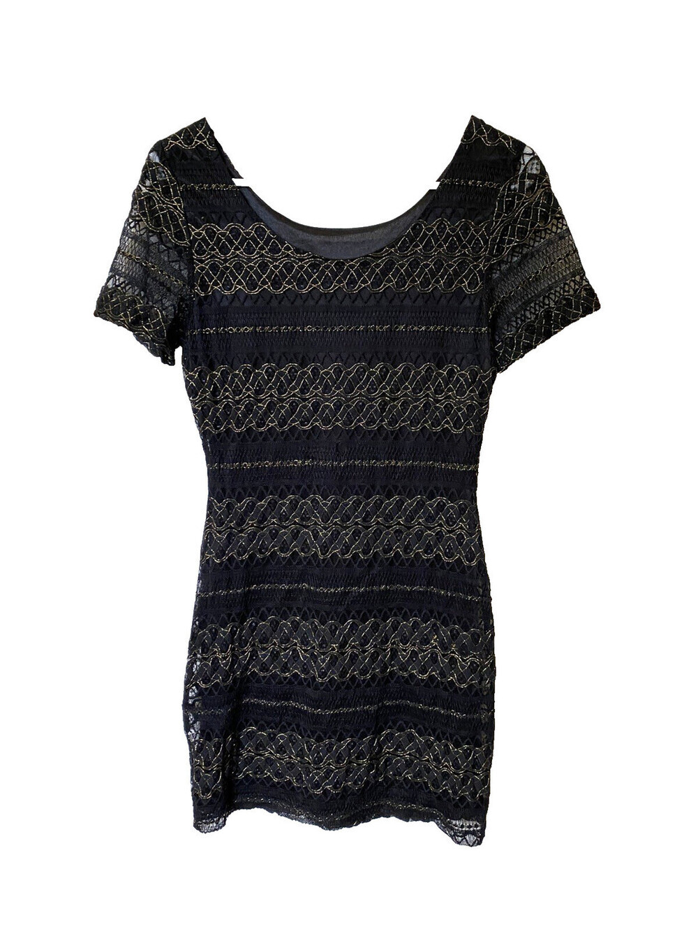 Forever 21 Size S/M Medium Nylon Black and Gold Lace Mini Dress Short Sleeve - Picture 3 of 7